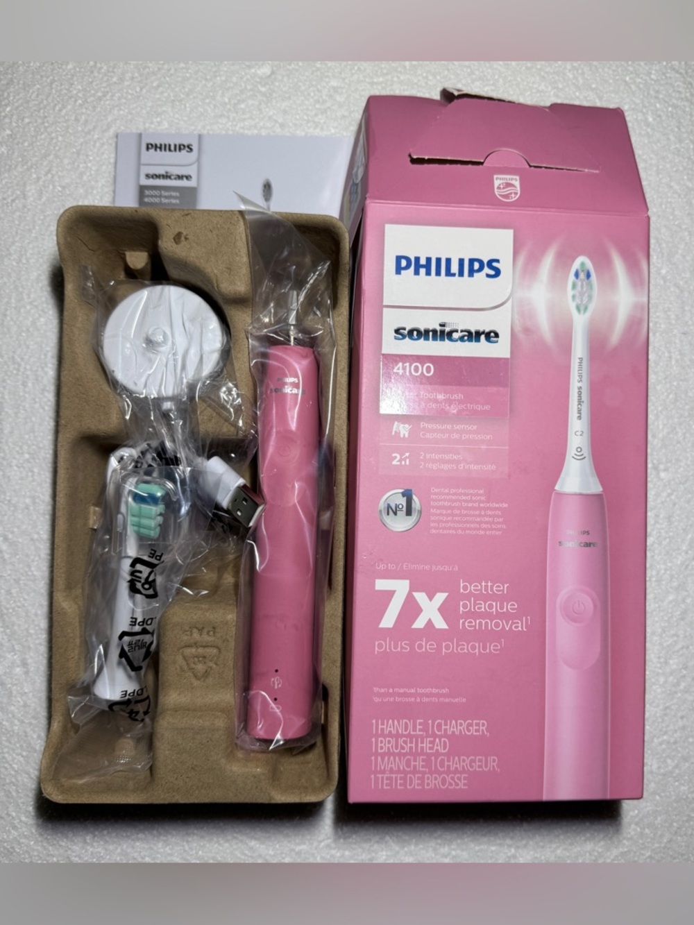 Philips Pink Sonicare 4100 Electric Power Toothbrush with Charger Open Box NEW